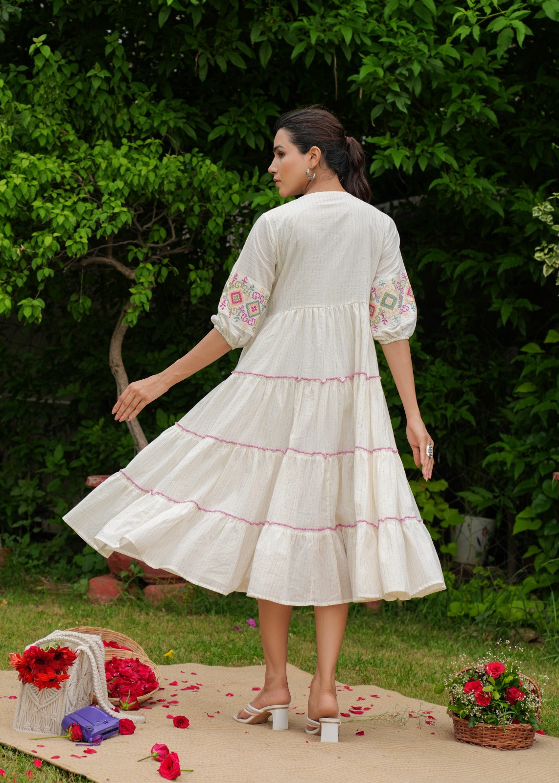 White Cotton Handmade Embroidery V Neck Medium Flare Made in India Midi Dress