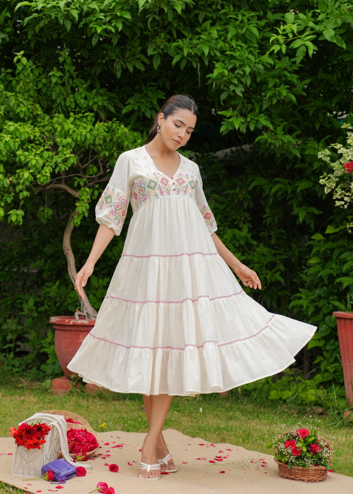 White Cotton Handmade Embroidery V Neck Medium Flare Made in India Midi Dress