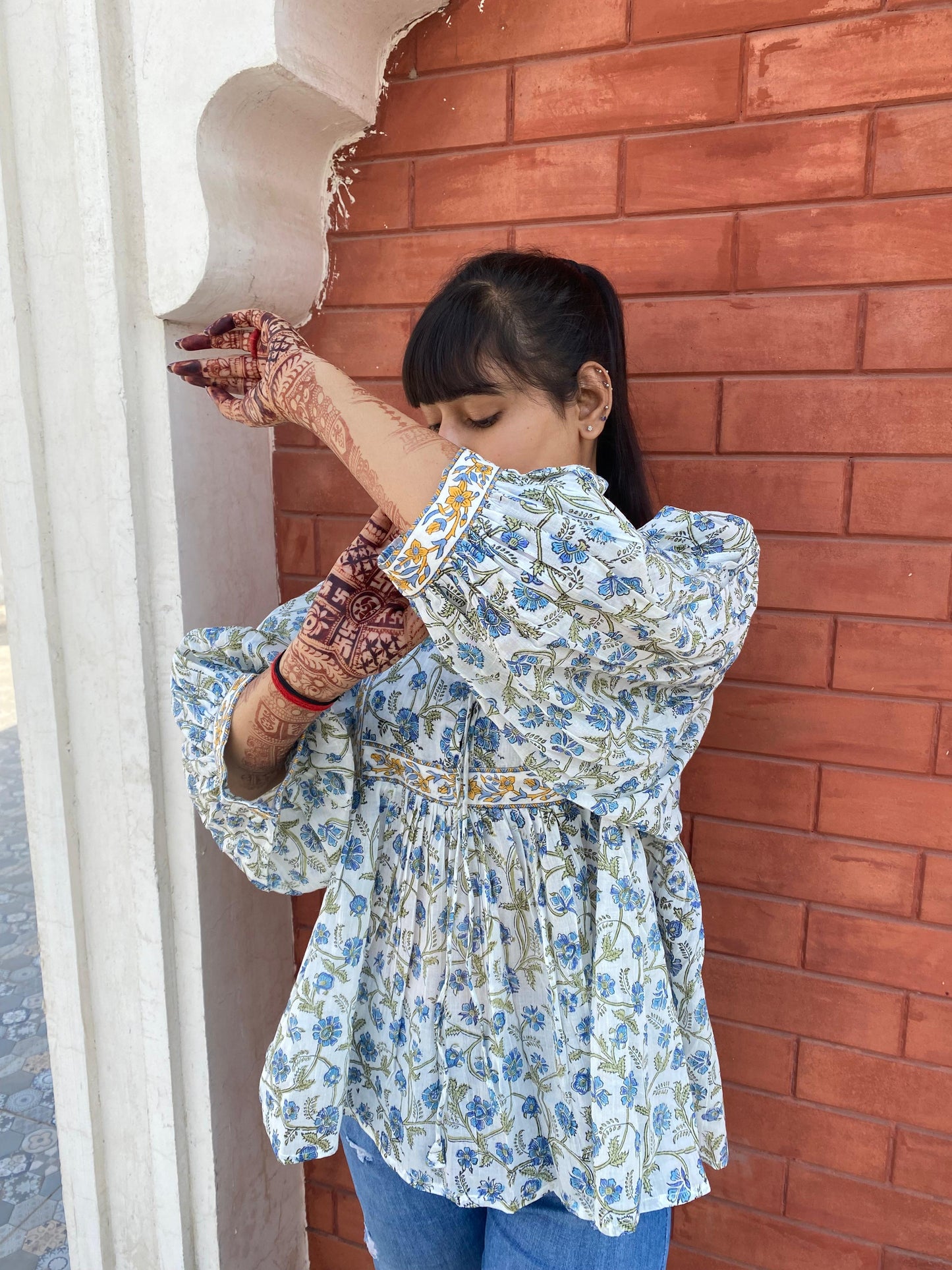 Hand Block printed Cotton Blue Tops