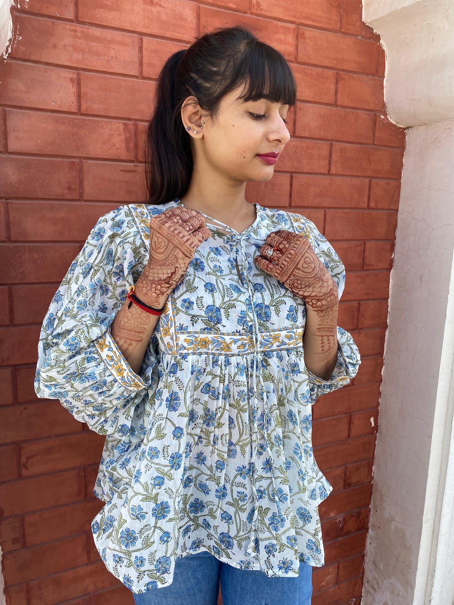 Hand Block printed Cotton Blue Tops