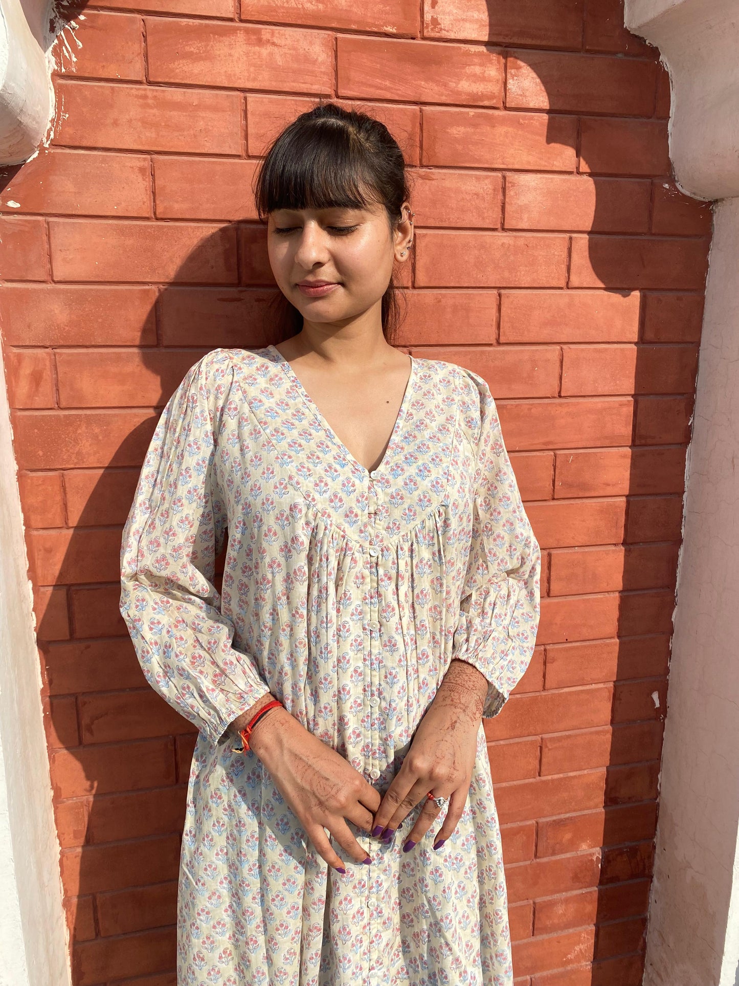 Hand Block Printed V Neck Full Sleeves With Two Pockets Handmade Jaipuri Midi Dress