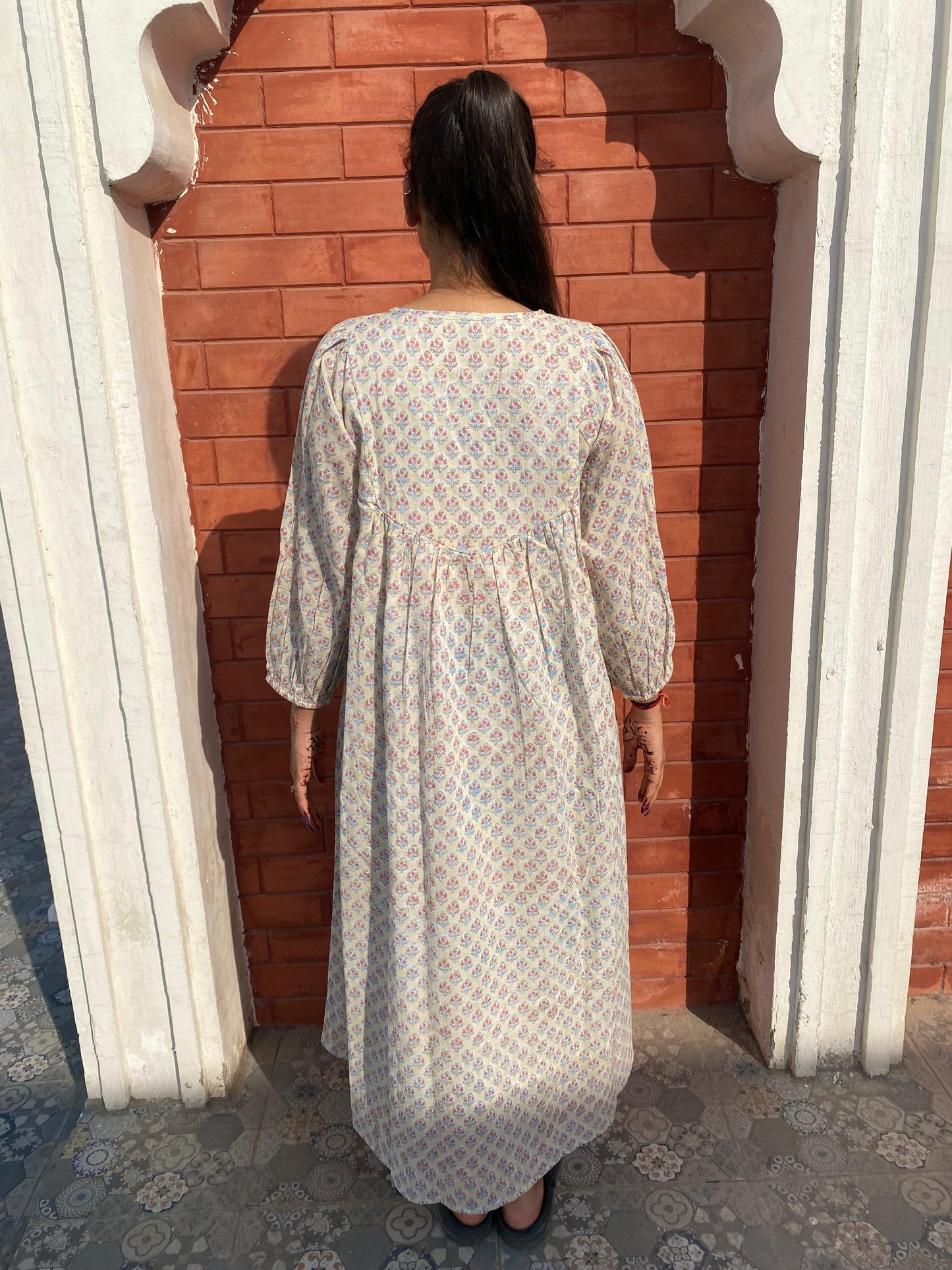 Hand Block Printed V Neck Full Sleeves With Two Pockets Handmade Jaipuri Midi Dress