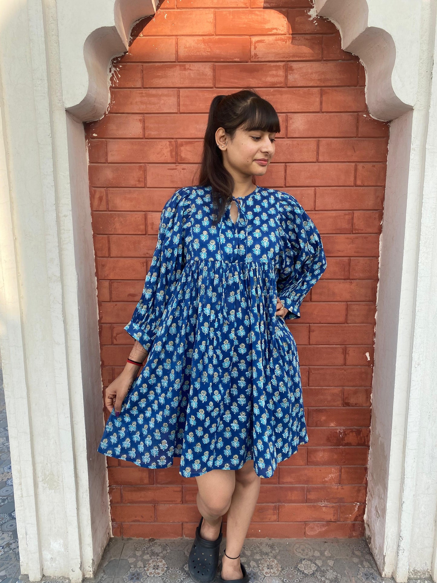 Beautiful Hand Block printed Cotton Blue Mini Dress