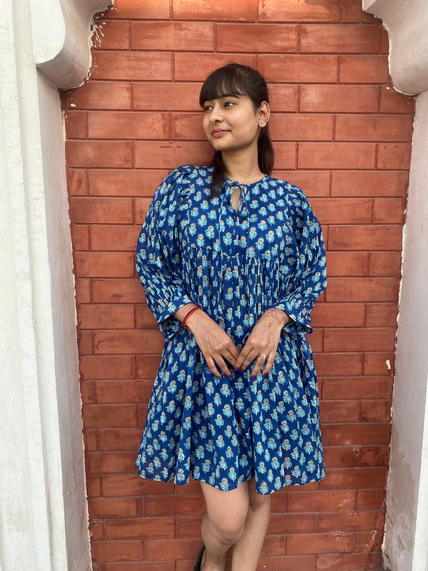 Beautiful Hand Block printed Cotton Blue Mini Dress