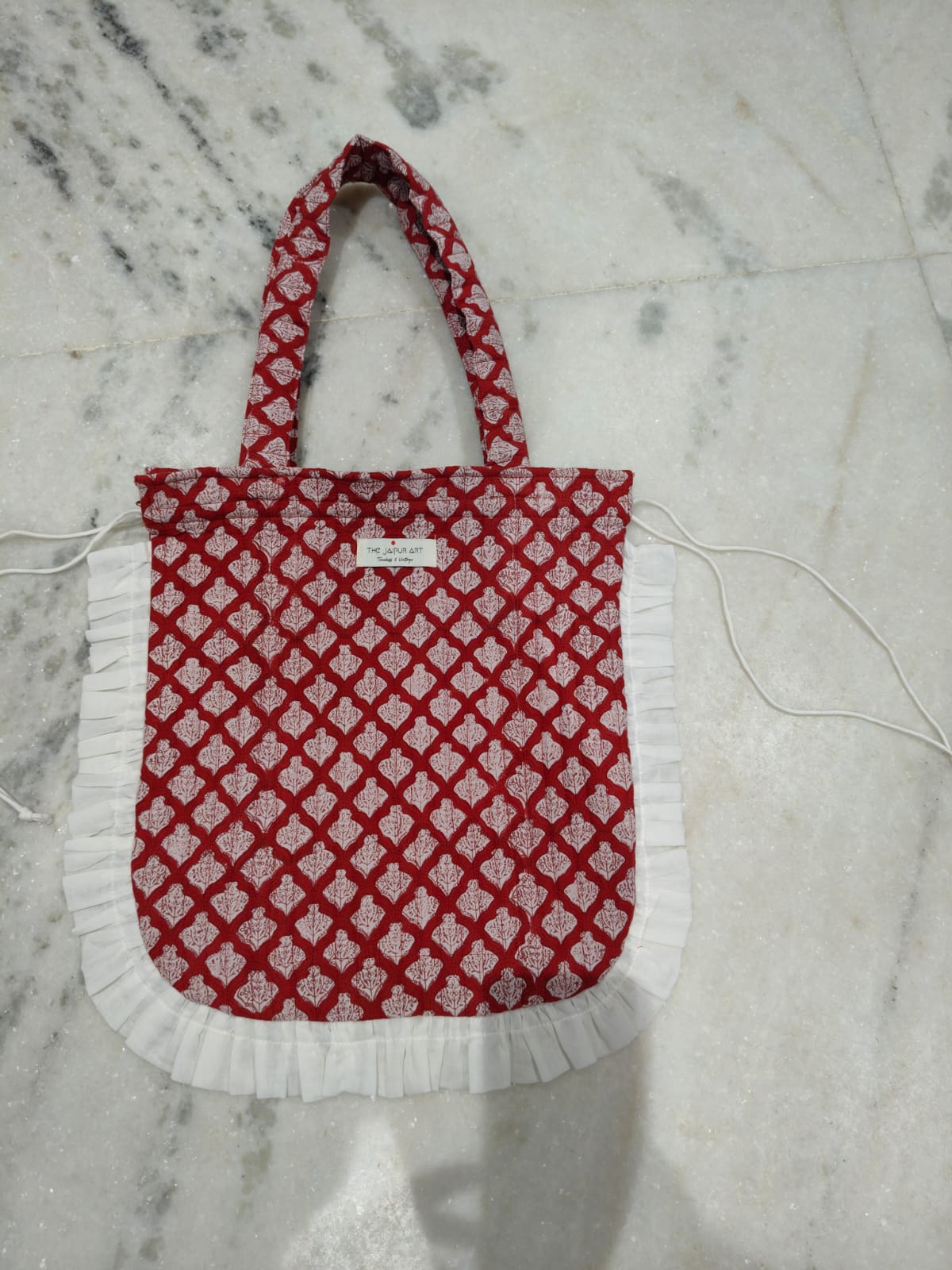Quilted Hand block Printed Tote Bag with Frill β 100% Cotton | 34x38 cm