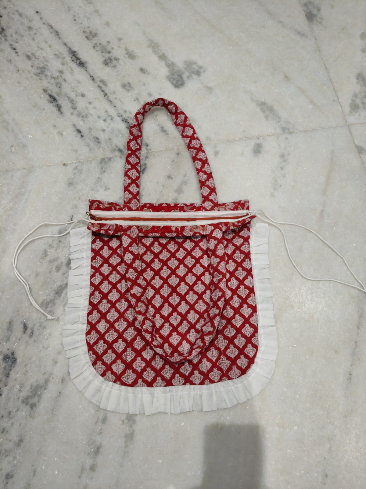 Quilted Hand block Printed Tote Bag with Frill β 100% Cotton | 34x38 cm