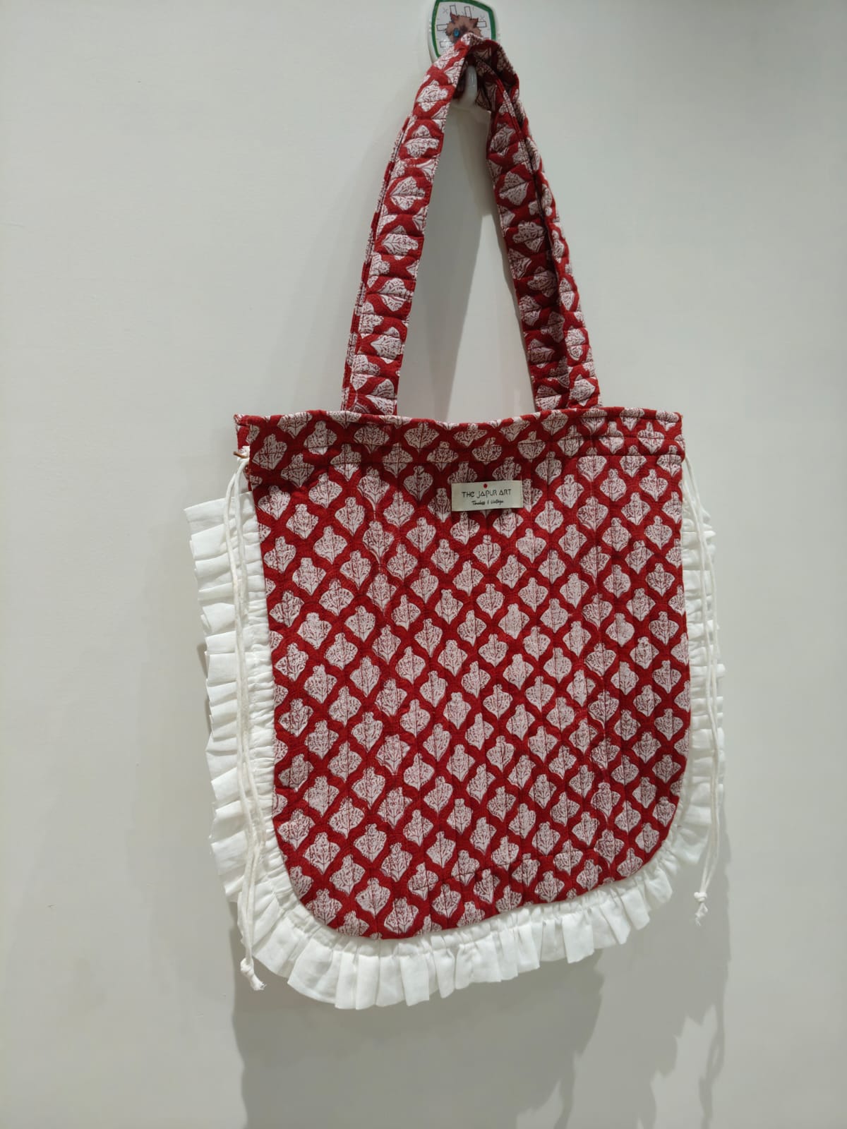 Quilted Hand block Printed Tote Bag with Frill β 100% Cotton | 34x38 cm