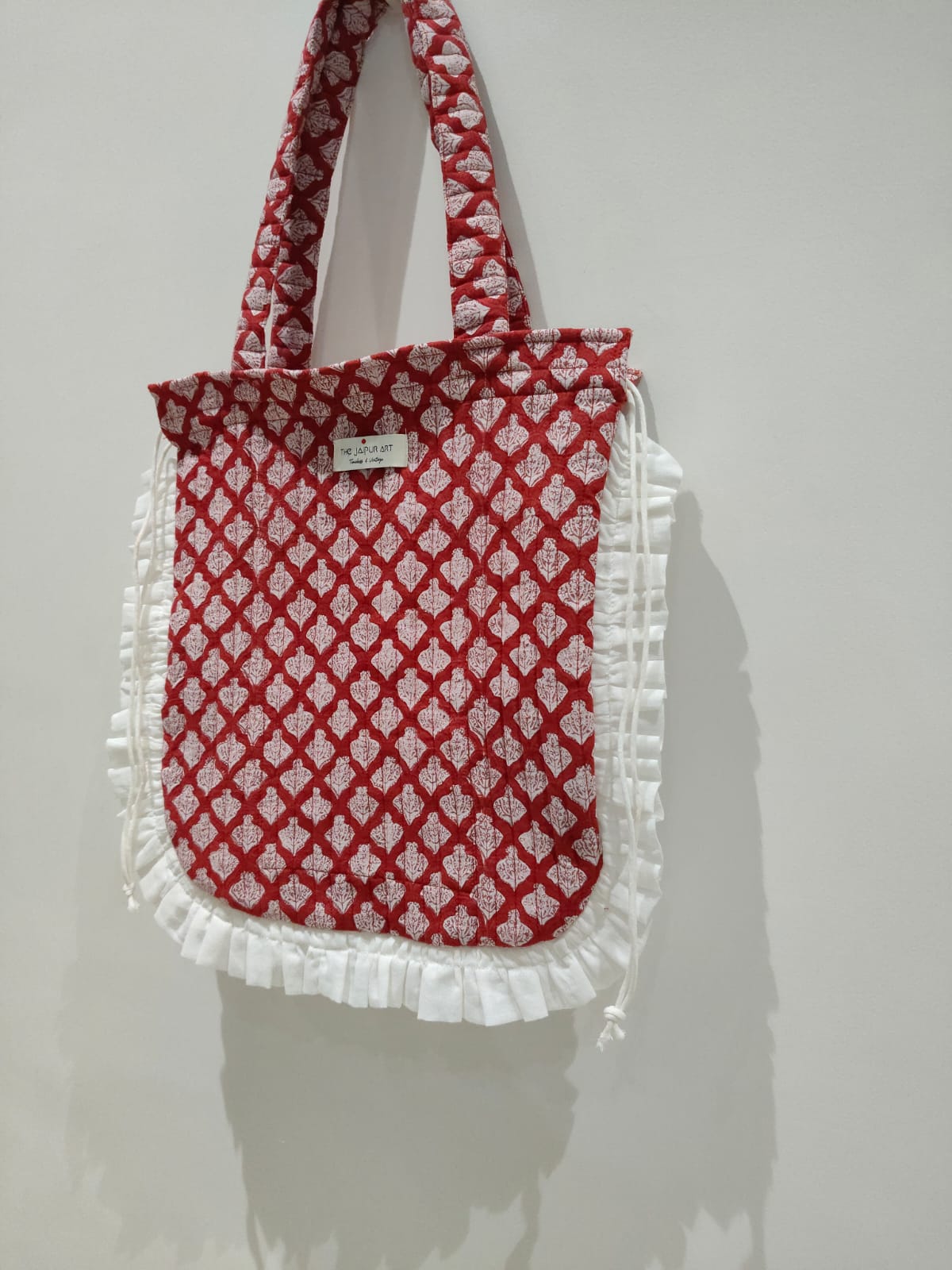Quilted Hand block Printed Tote Bag with Frill β 100% Cotton | 34x38 cm