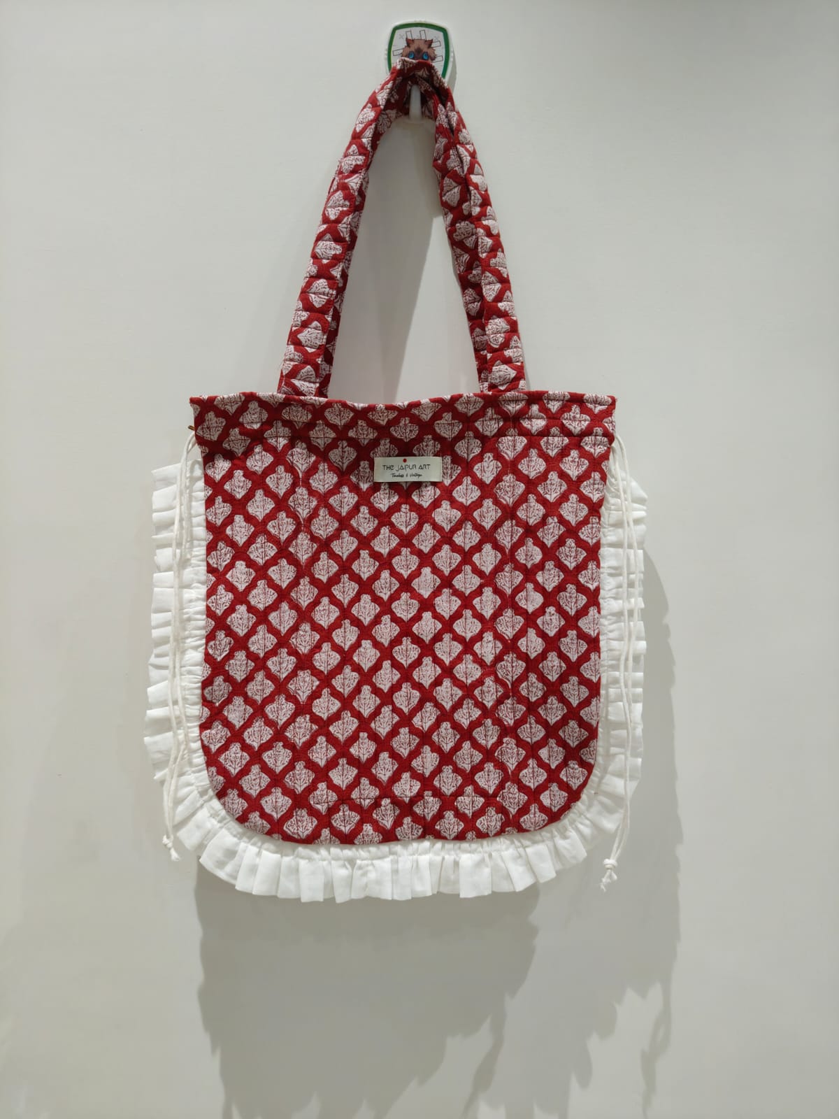 Quilted Hand block Printed Tote Bag with Frill β 100% Cotton | 34x38 cm