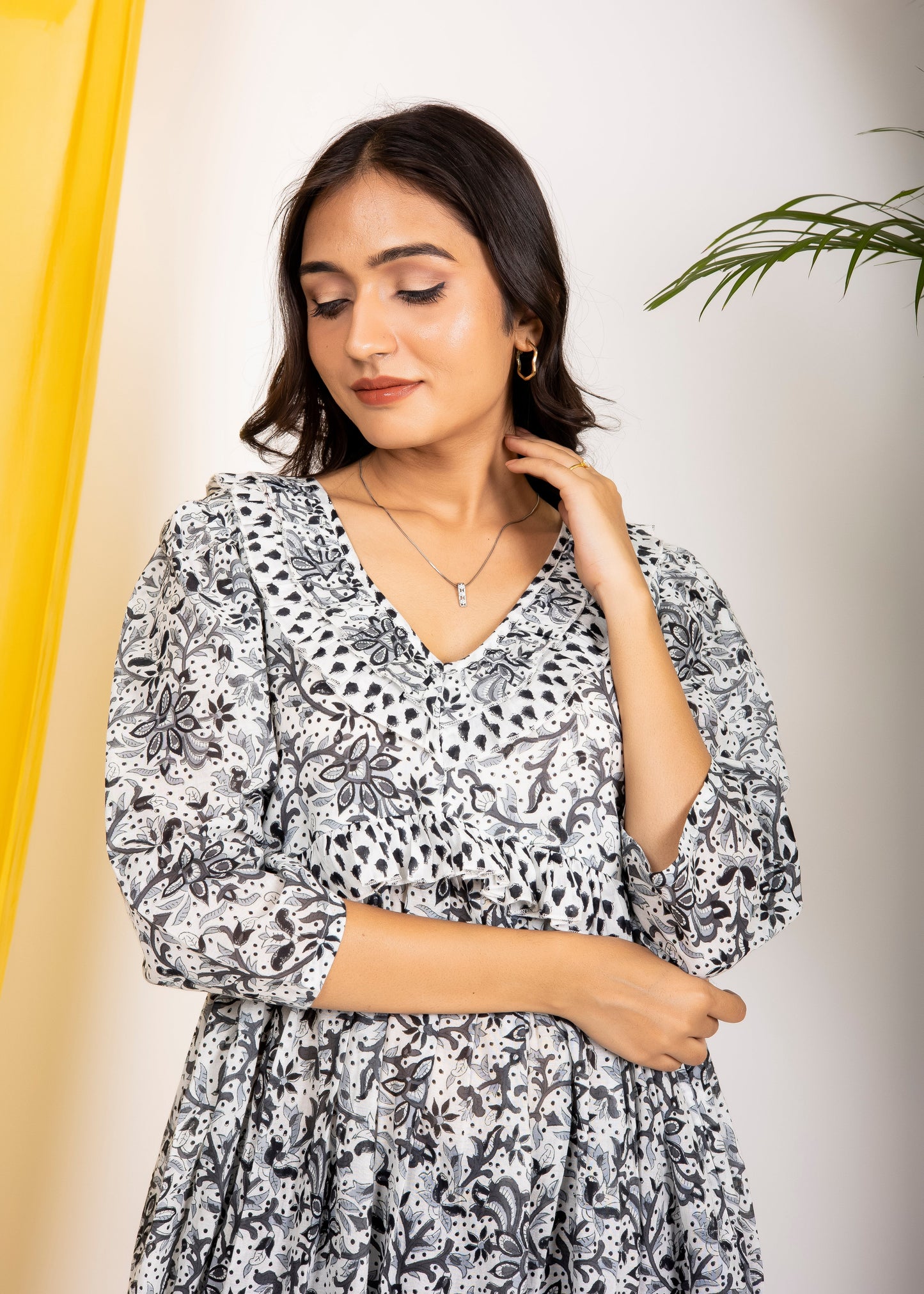 Hand Block Floral Printed Black & White Cotton Midi Dress Made In India