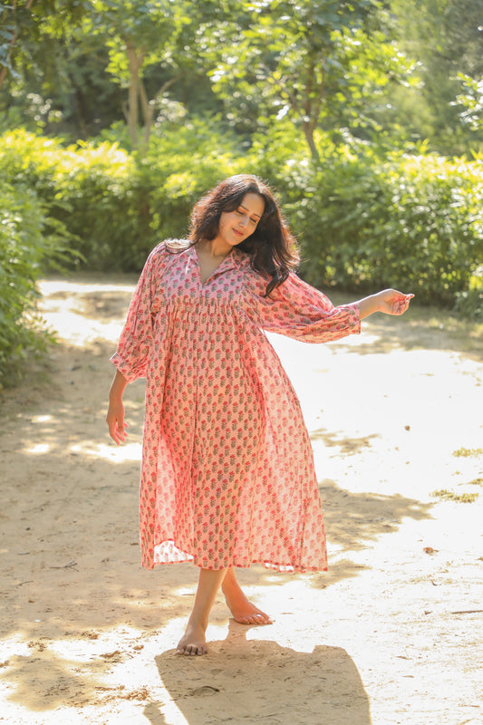 Hand Block Printed Floral Art Peach Handmade Cotton Gift For Her Breathable Midi Dress