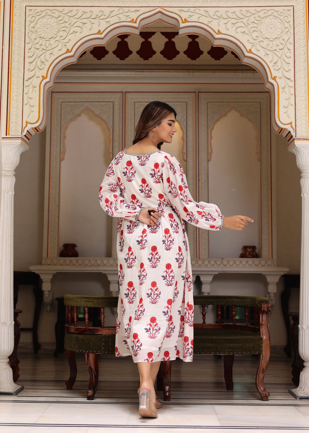 Hand Block Printed White Red Cassie Midi Dress