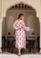 Hand Block Printed White Red Cassie Midi Dress