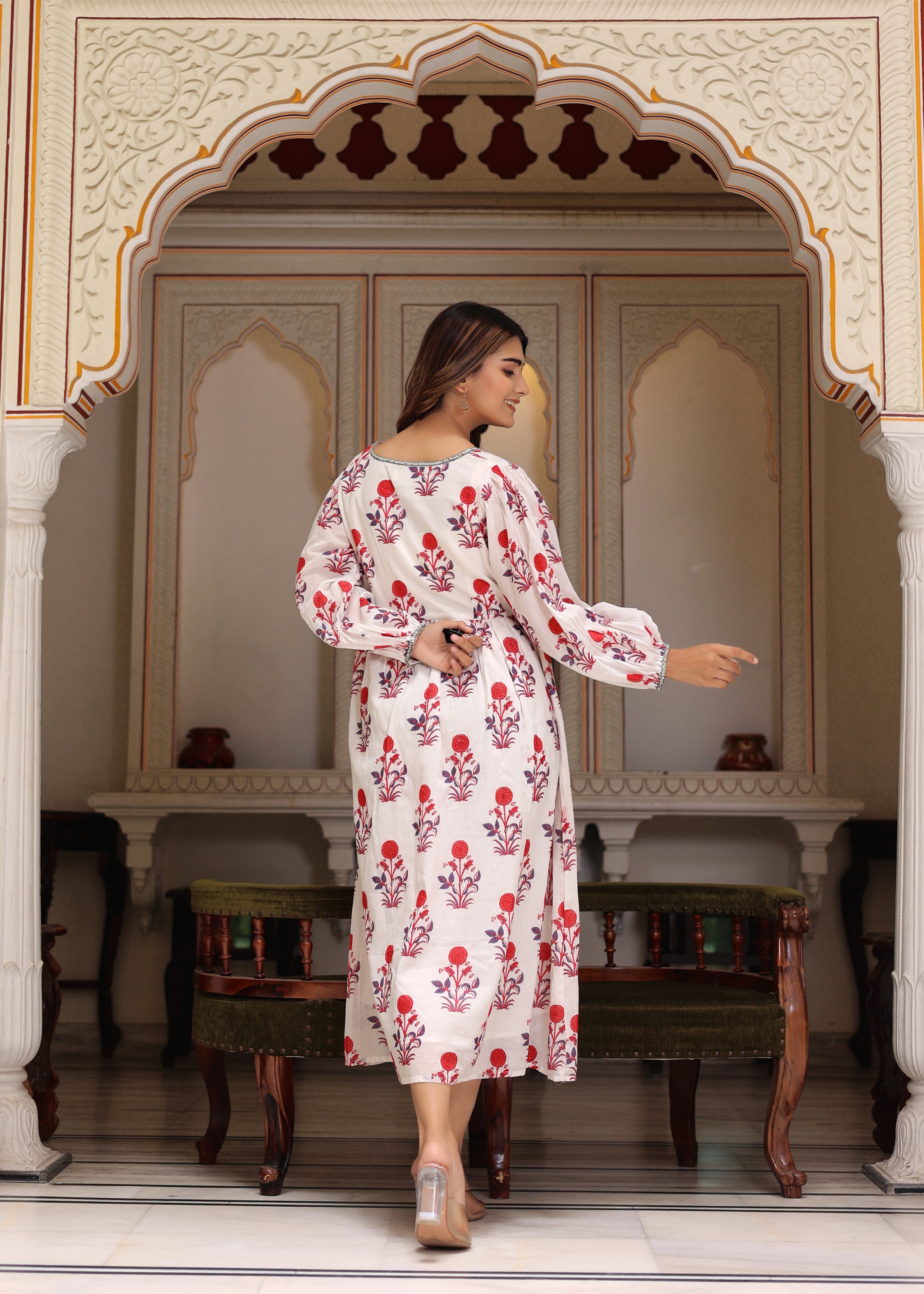 Hand Block Printed White Red Cassie Midi Dress