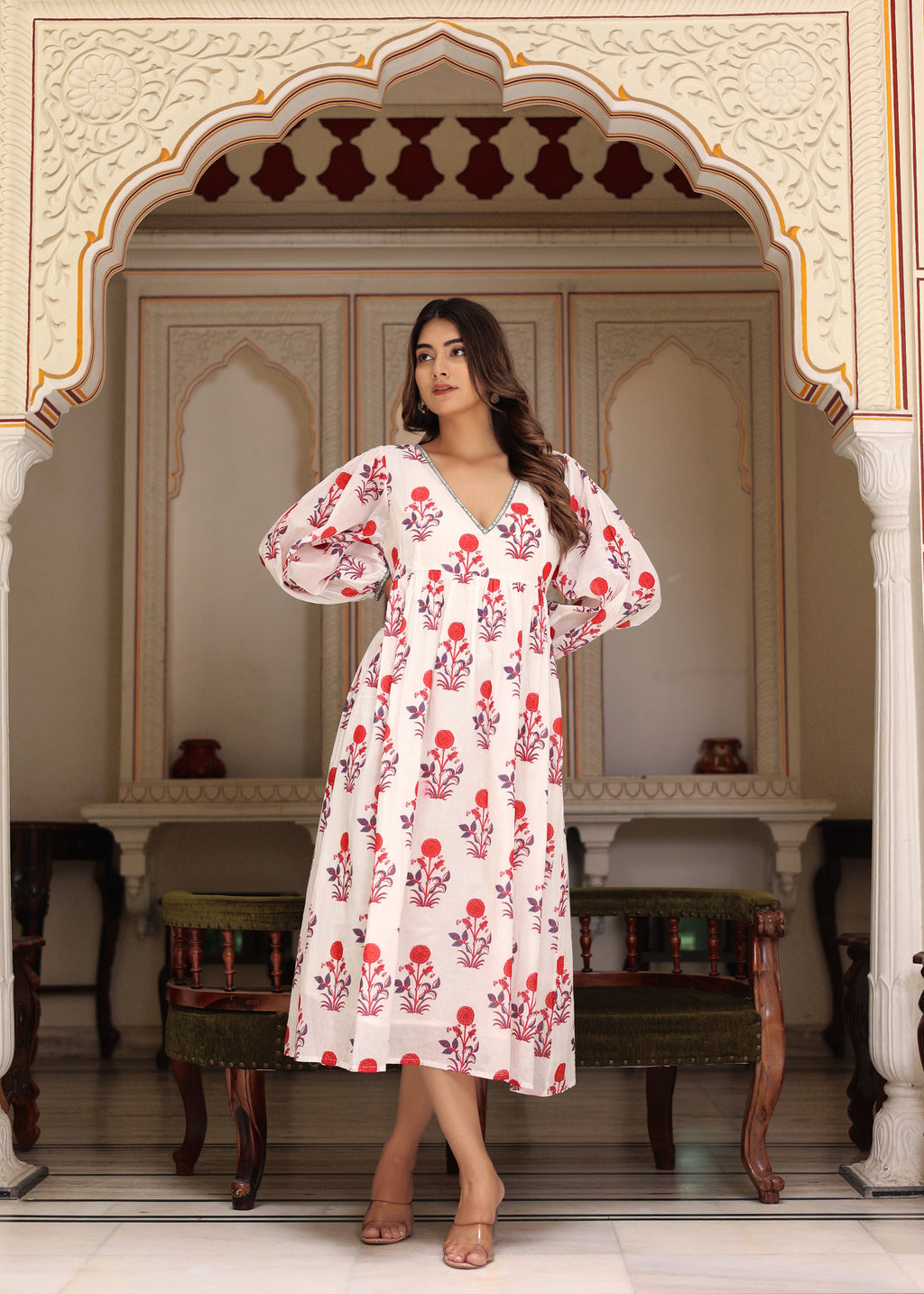 Hand Block Printed White Red Cassie Midi Dress