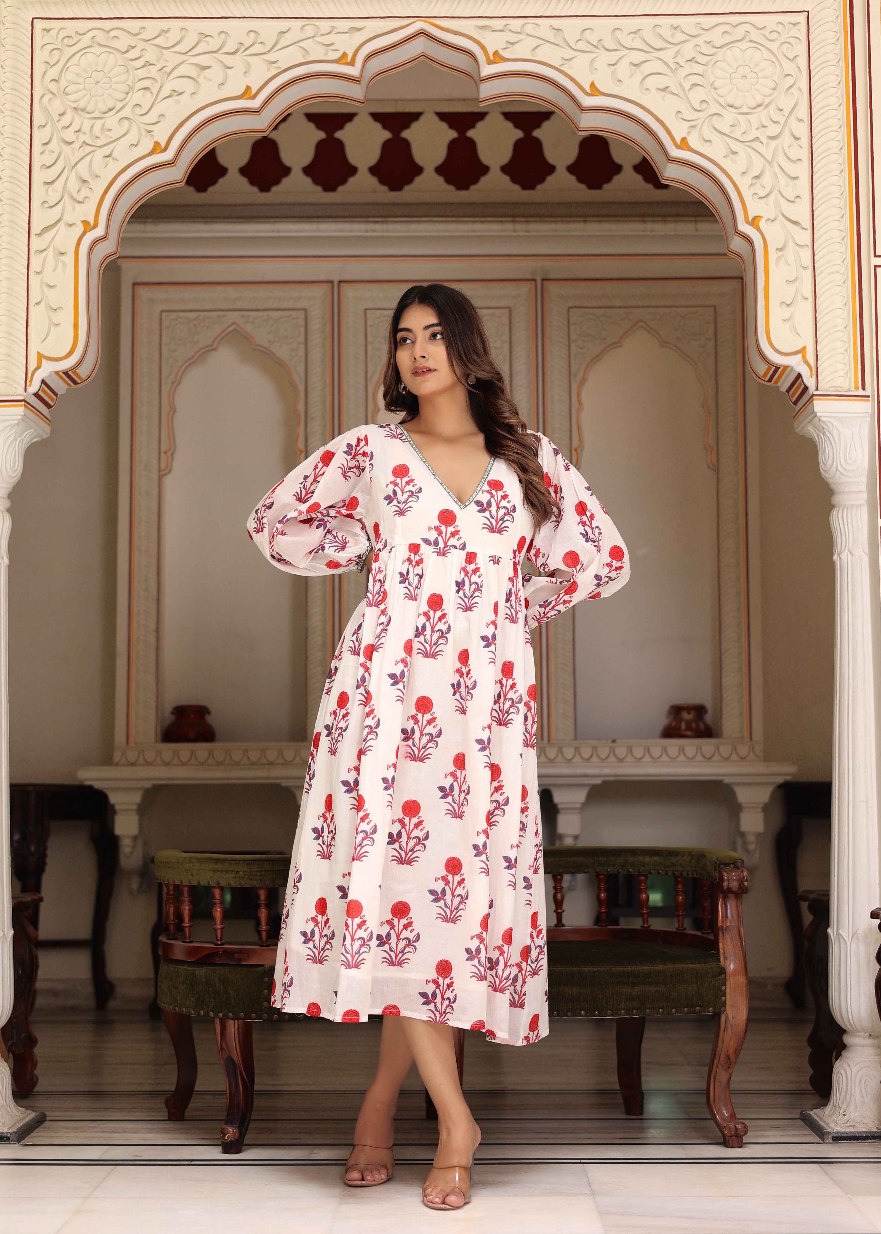 Hand Block Printed White Red Cassie Midi Dress