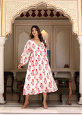 Hand Block Printed White Red Cassie Midi Dress