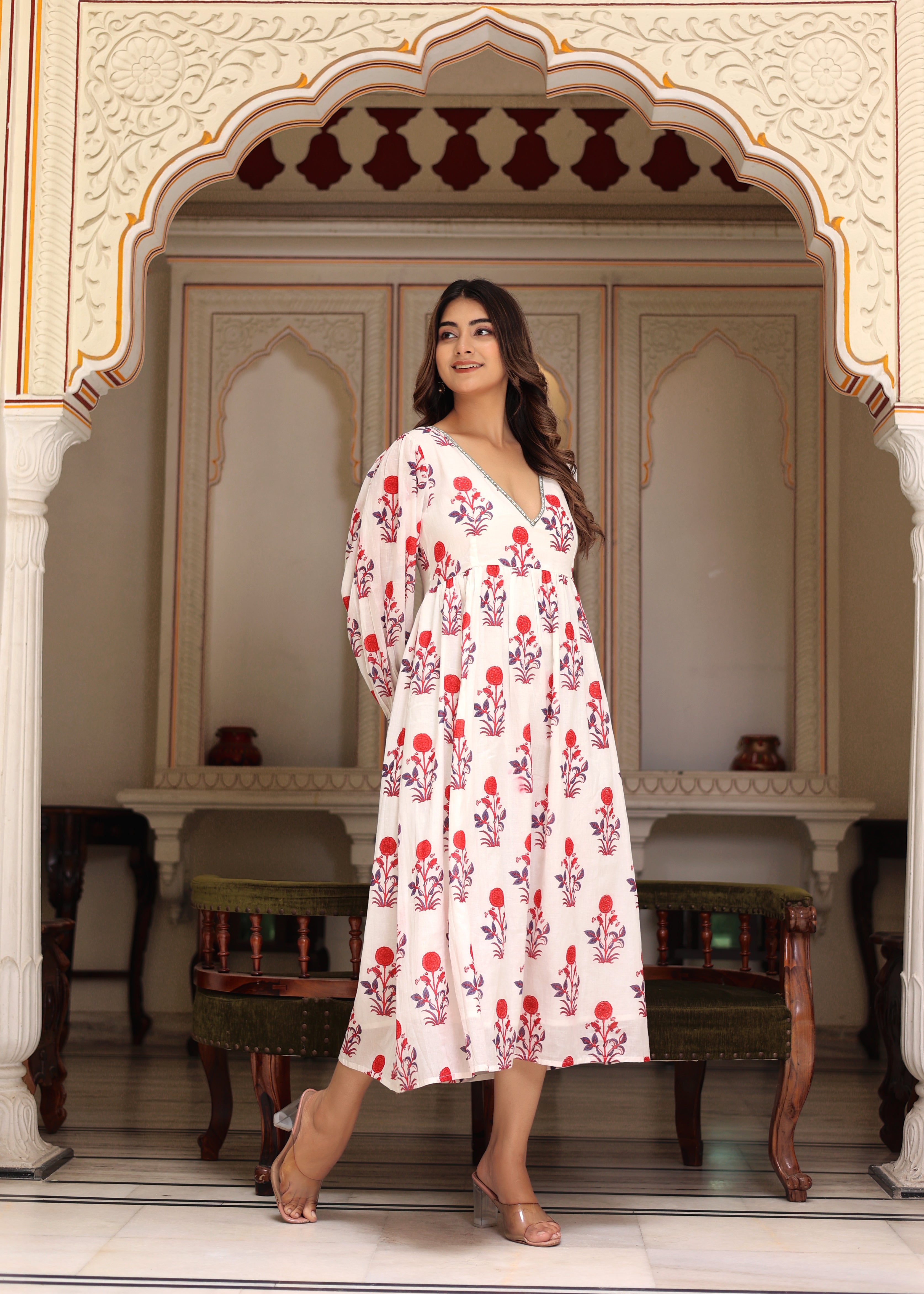 Hand Block Printed White Red Cassie Midi Dress