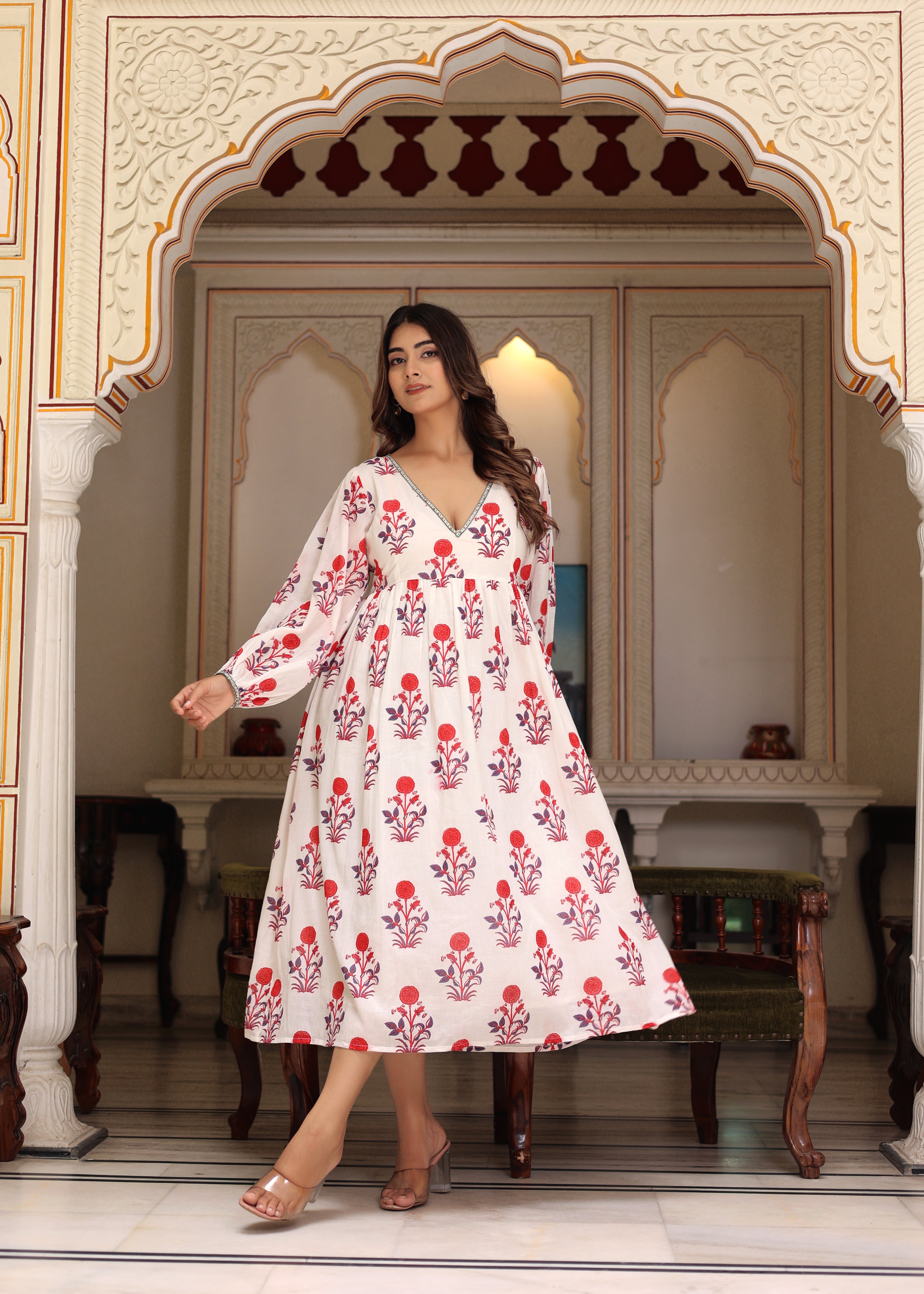 Hand Block Printed White Red Cassie Midi Dress