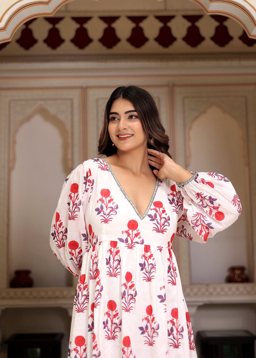 Hand Block Printed White Red Cassie Midi Dress