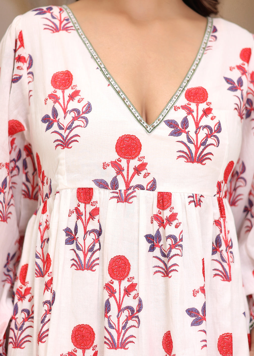 Hand Block Printed White Red Cassie Midi Dress