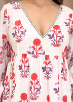 Hand Block Printed White Red Cassie Midi Dress