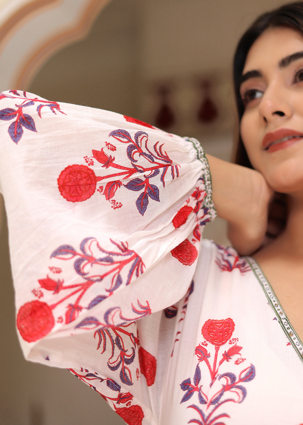 Hand Block Printed White Red Cassie Midi Dress