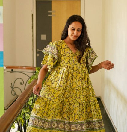 Hand Block Printed Anna Green Midi Hippie Cotton Dress