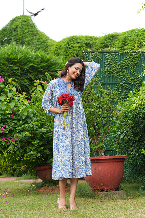 Hand Block Printed Gauri Midi~Mood Indigo Dress