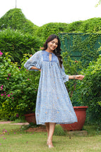Hand Block Printed Gauri Midi~Mood Indigo Dress