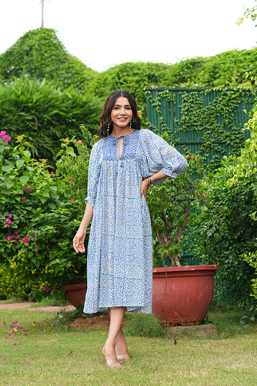 Hand Block Printed Gauri Midi~Mood Indigo Dress