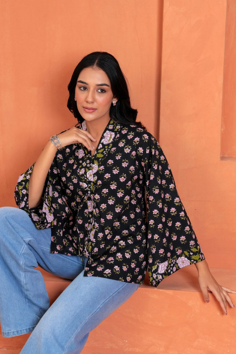 Aanya Cotton Floral Hand Block Print Tie-Up Top