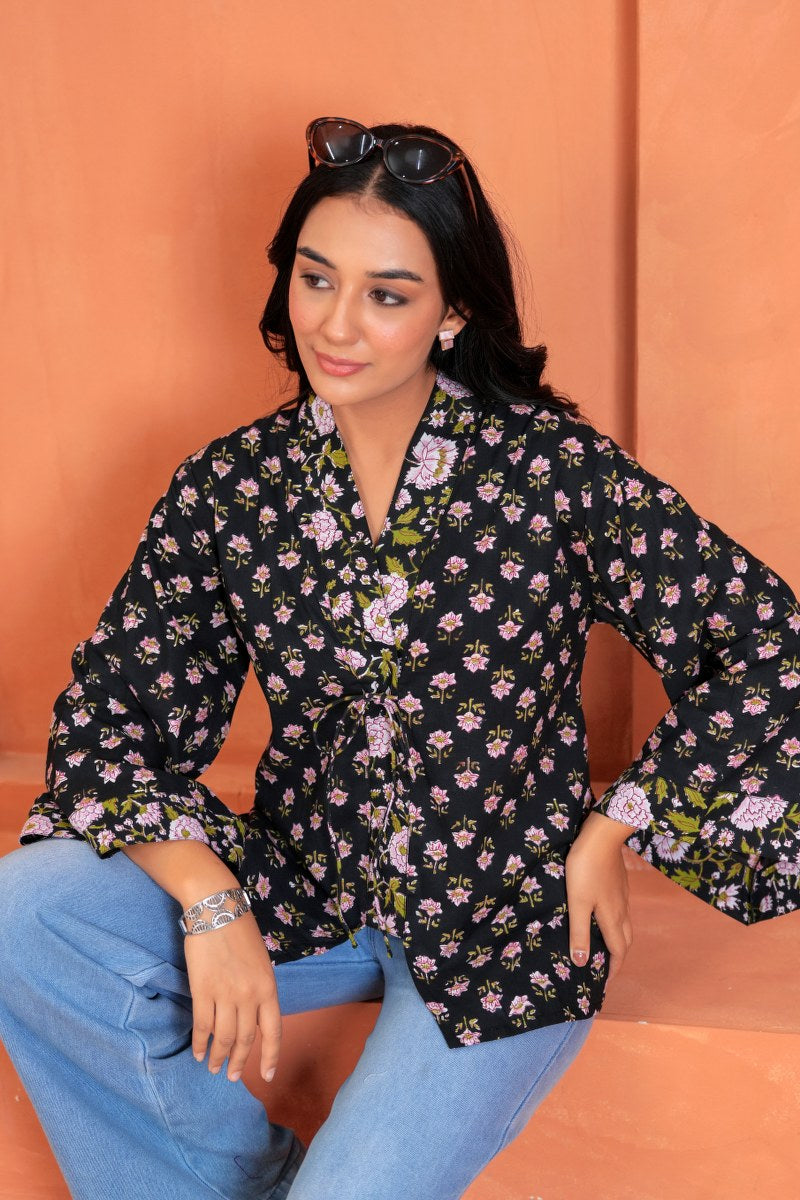 Aanya Cotton Floral Hand Block Print Tie-Up Top