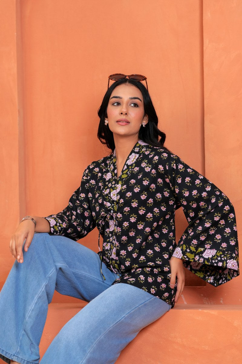 Aanya Cotton Floral Hand Block Print Tie-Up Top