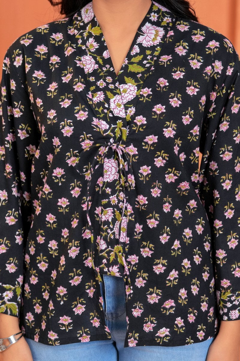 Aanya Cotton Floral Hand Block Print Tie-Up Top