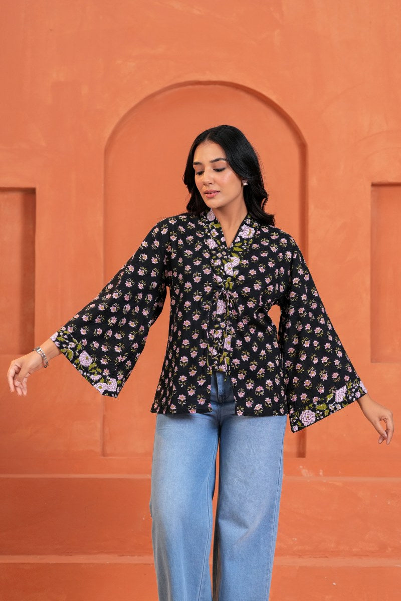 Aanya Cotton Floral Hand Block Print Tie-Up Top