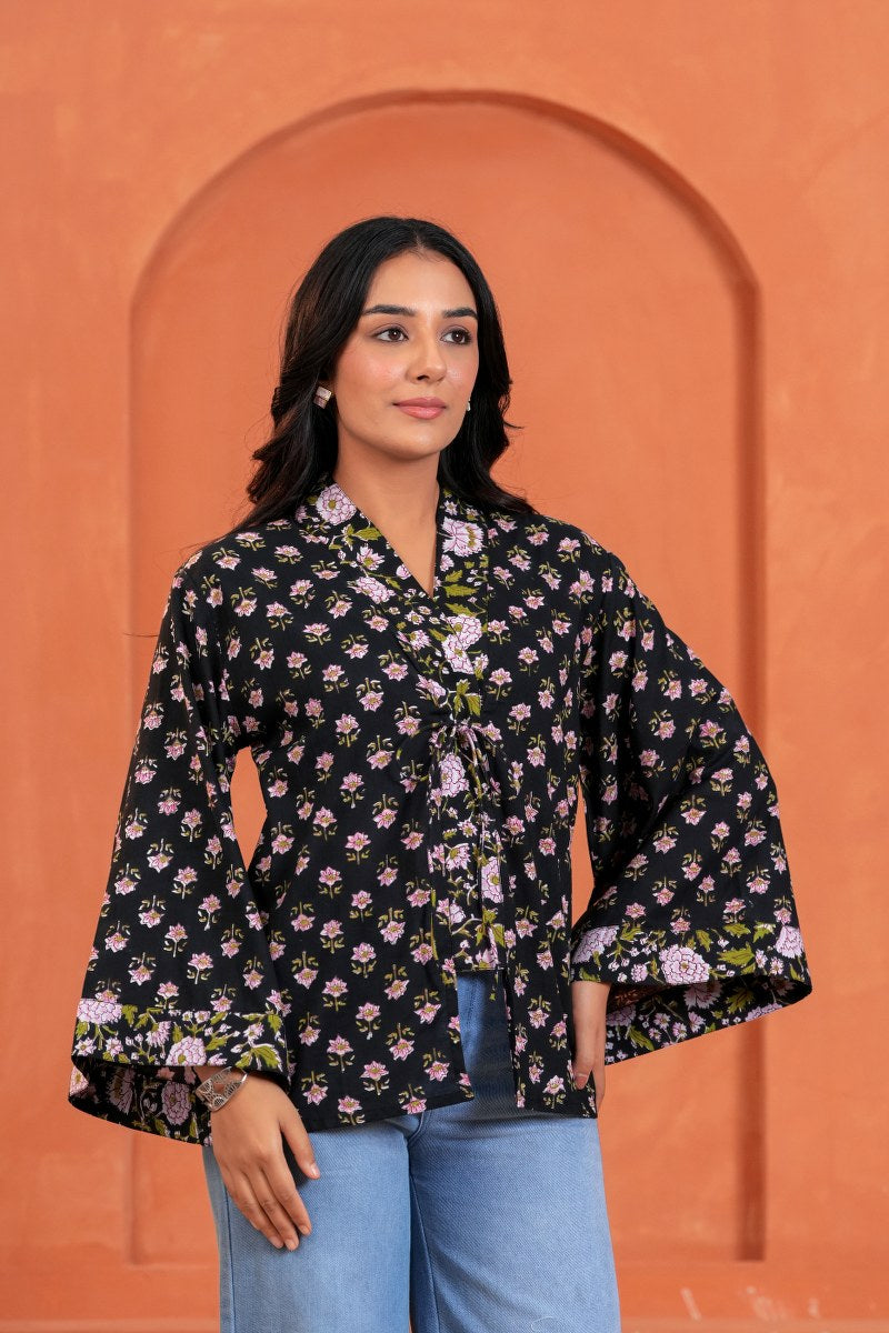 Aanya Cotton Floral Hand Block Print Tie-Up Top
