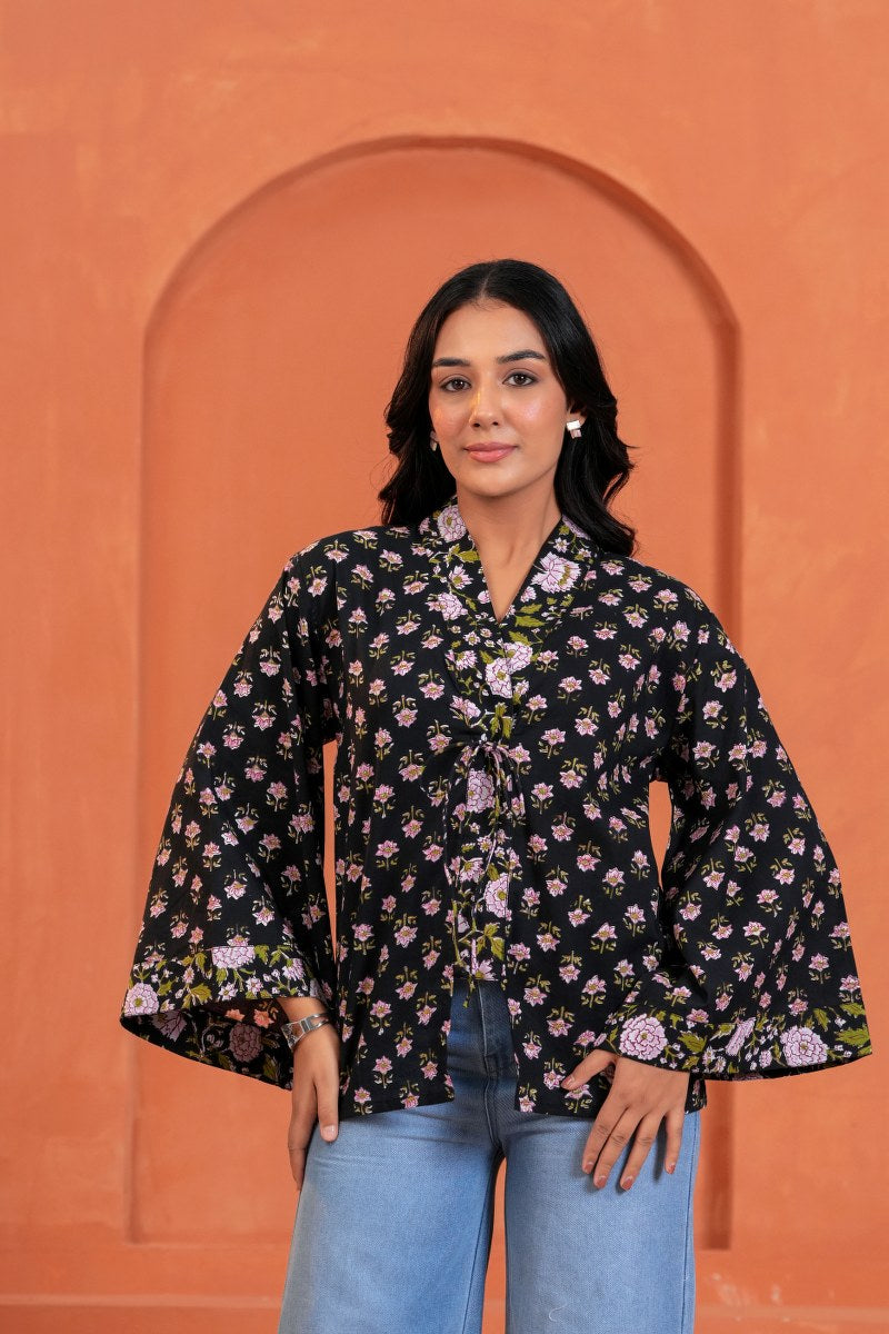 Aanya Cotton Floral Hand Block Print Tie-Up Top