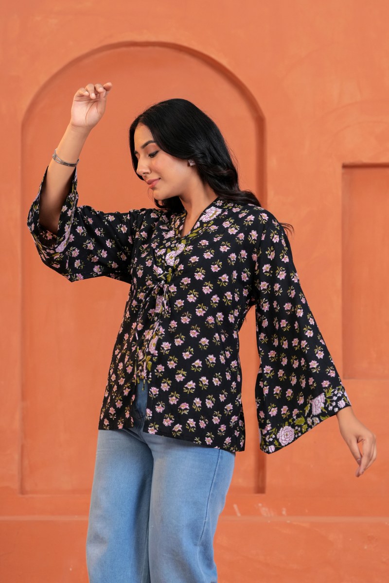 Aanya Cotton Floral Hand Block Print Tie-Up Top
