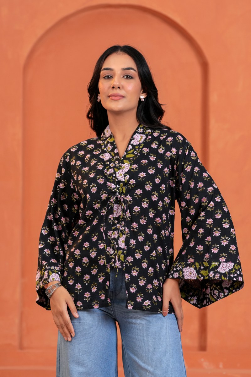 Aanya Cotton Floral Hand Block Print Tie-Up Top