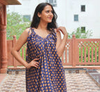 Hand Block Printed Cotton Summer Geometric Print Blue Midi Beach Dress