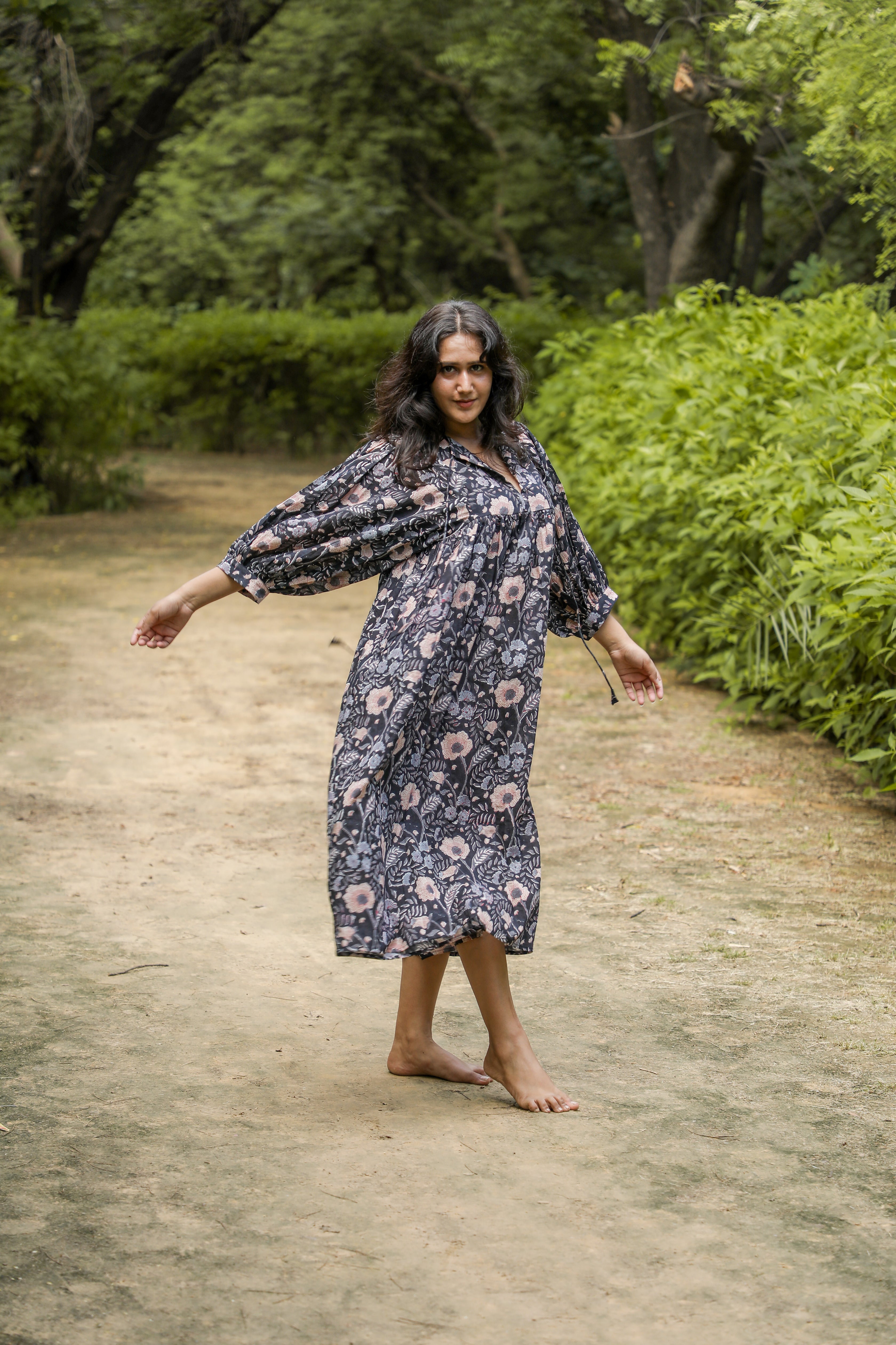 Hand Block Printed Floral Art Peach Handmade Cotton Gift For Her Breathable Midi Dress