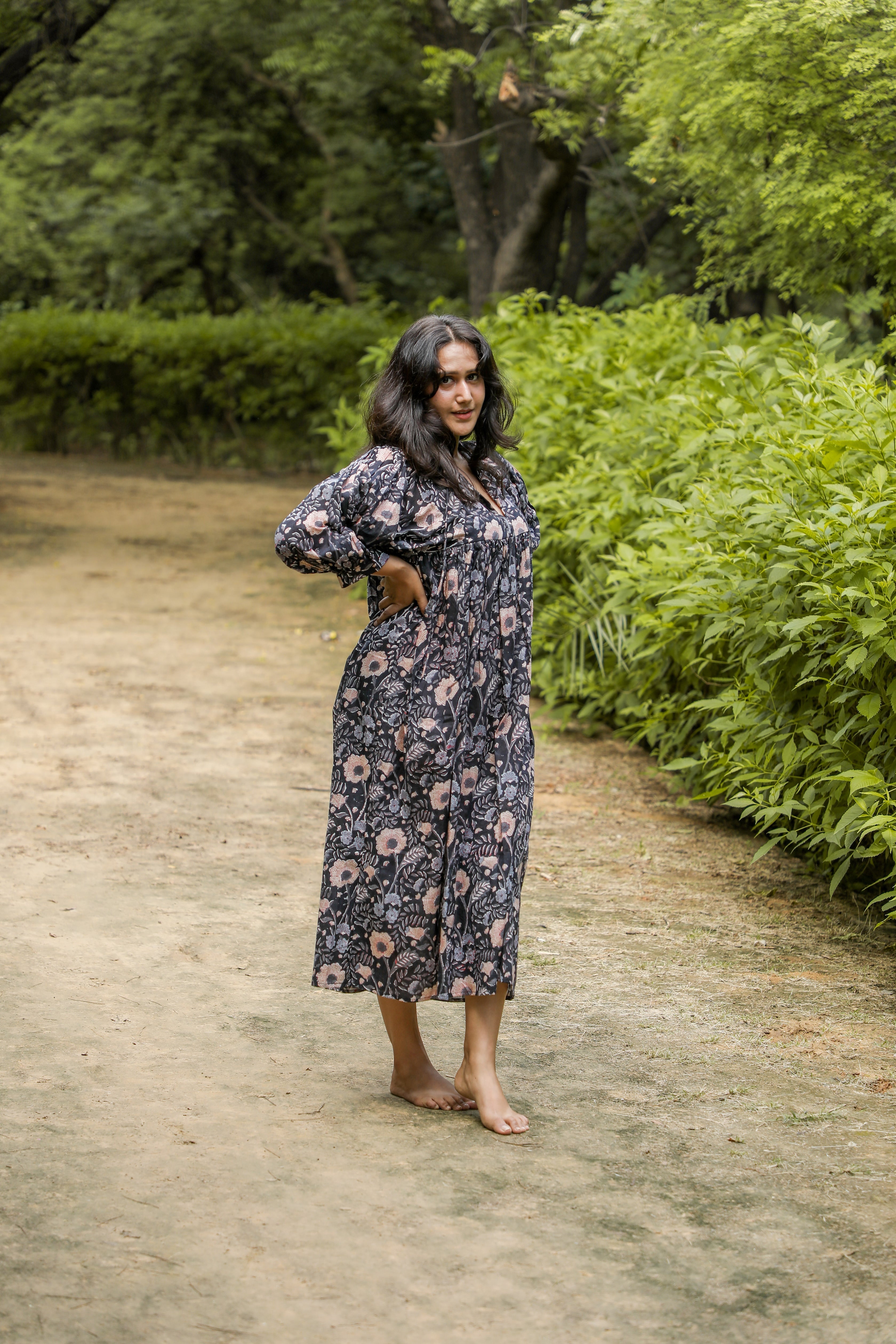 Hand Block Printed Floral Art Peach Handmade Cotton Gift For Her Breathable Midi Dress