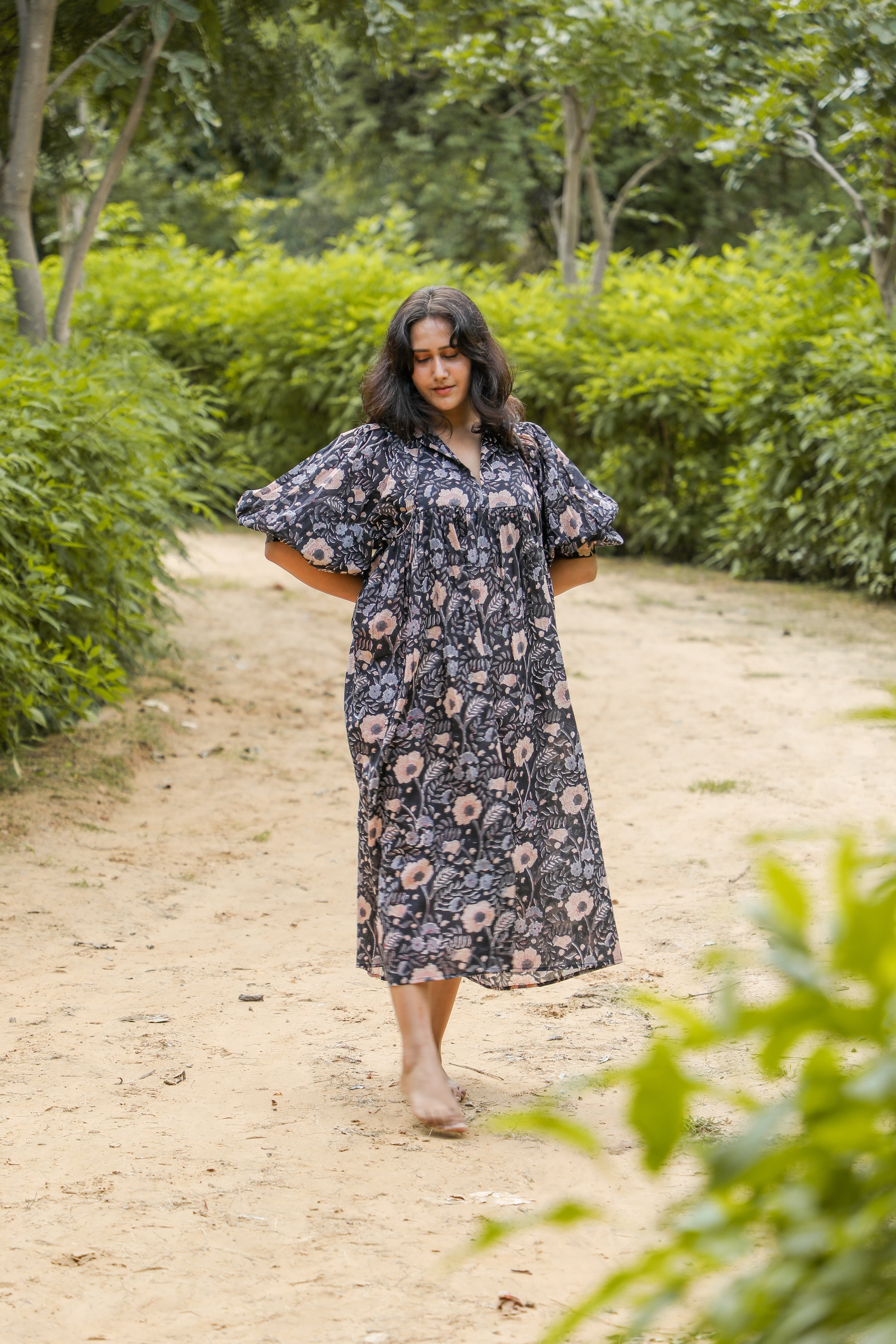 Hand Block Printed Floral Art Peach Handmade Cotton Gift For Her Breathable Midi Dress