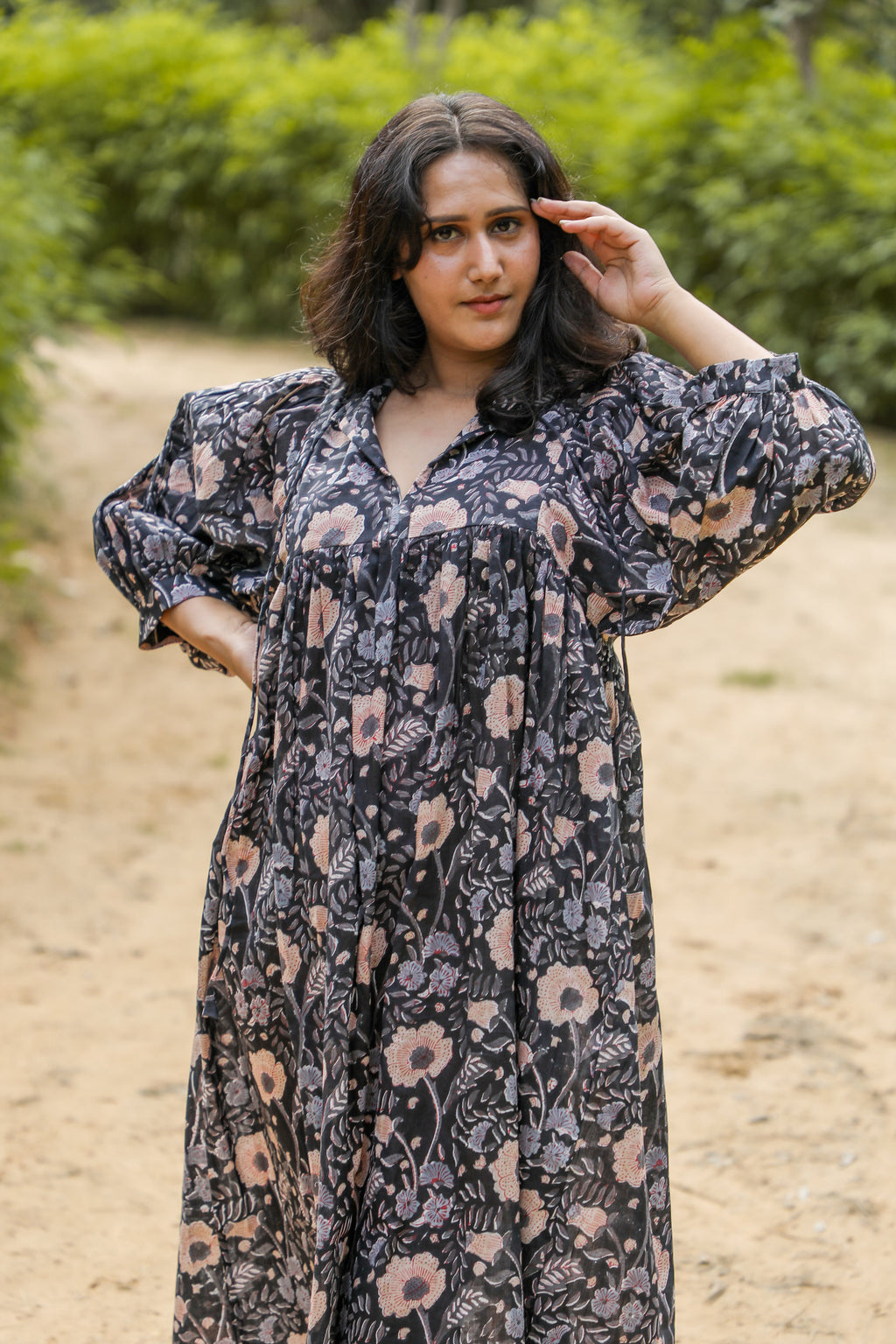 Hand Block Printed Floral Art Peach Handmade Cotton Gift For Her Breathable Midi Dress