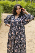 Hand Block Printed Floral Art Peach Handmade Cotton Gift For Her Breathable Midi Dress
