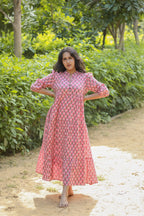Hand Block Pinkish Floral Printed Handmade Cotton  Midi Dress