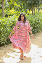 Hand Block Pinkish Floral Printed Handmade Cotton  Midi Dress