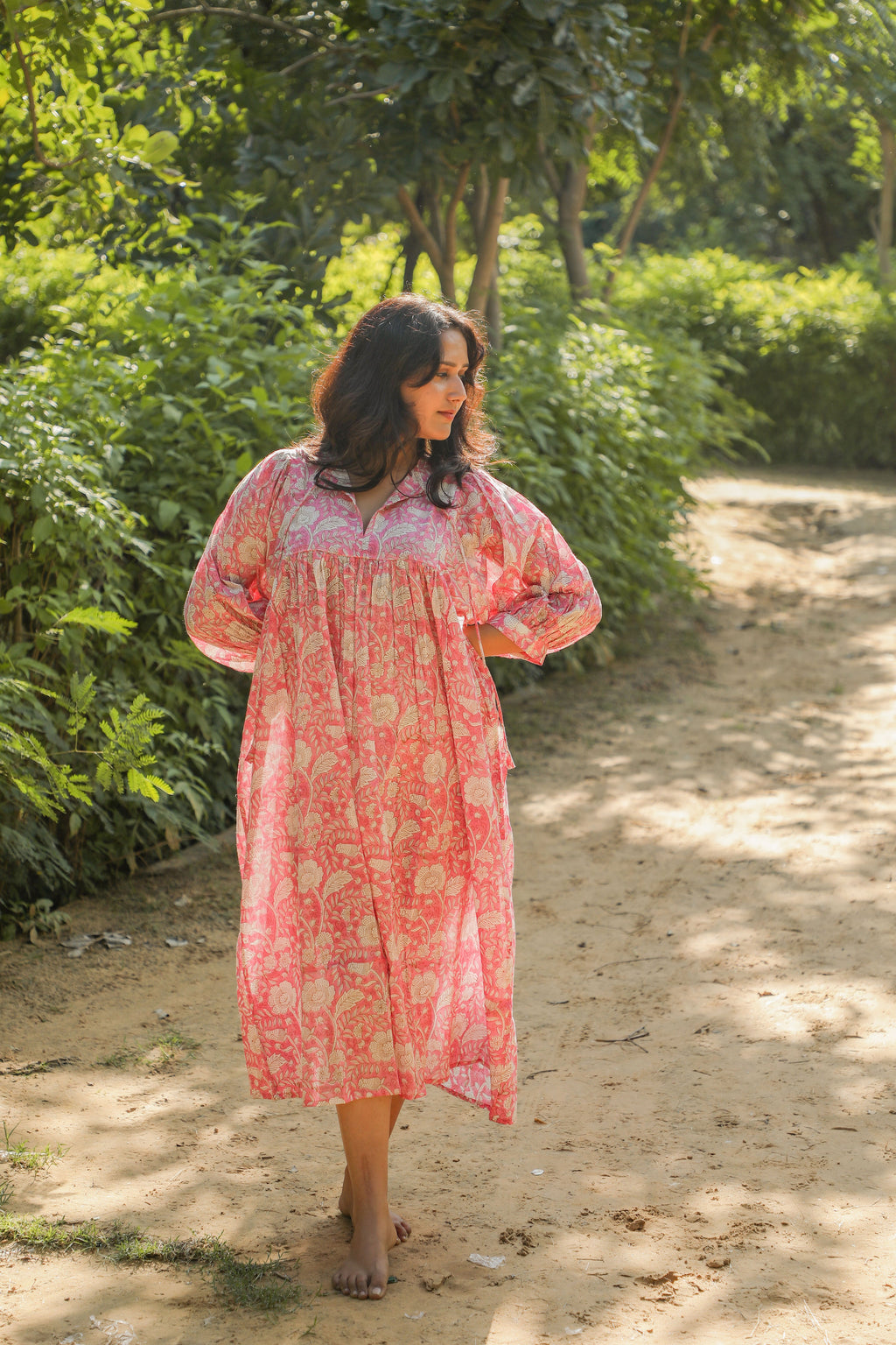 Hand Block Printed Floral Art Peach Handmade Cotton Gift For Her Breathable Midi Dress