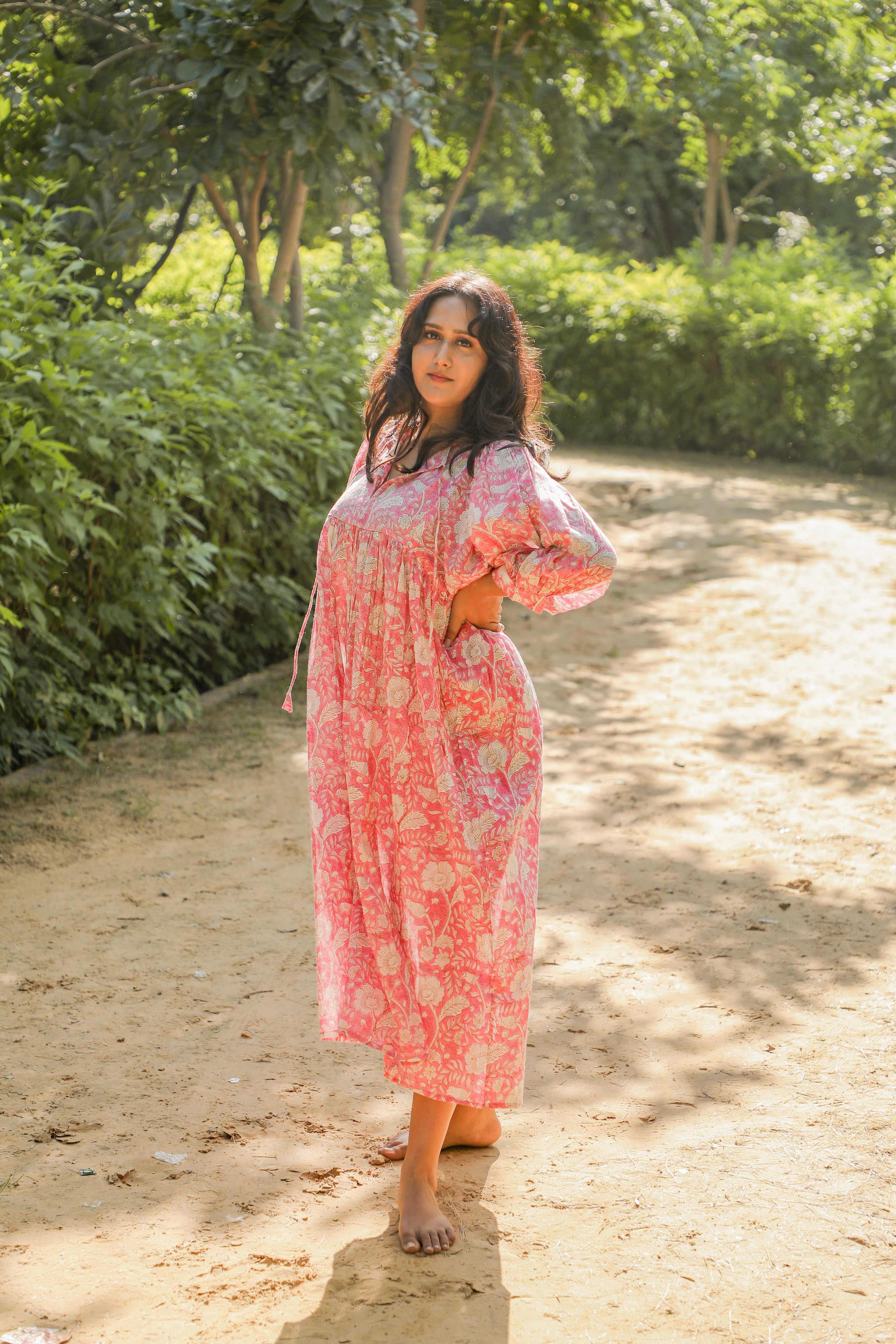 Hand Block Printed Floral Art Peach Handmade Cotton Gift For Her Breathable Midi Dress